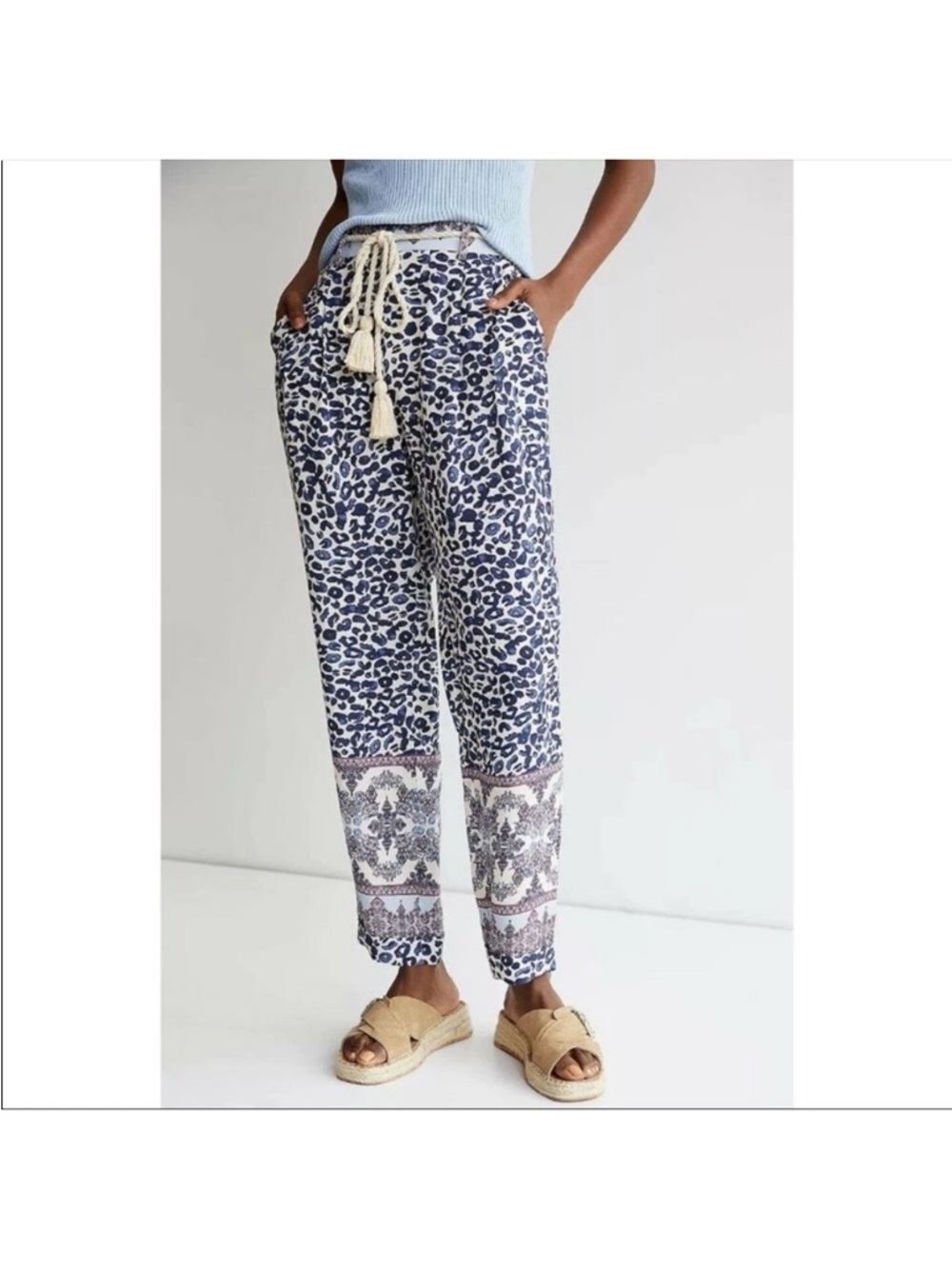 Ollari Anthropologie Women’s Pants Lounge Tasseled Tapered Pants Animal Print XS
